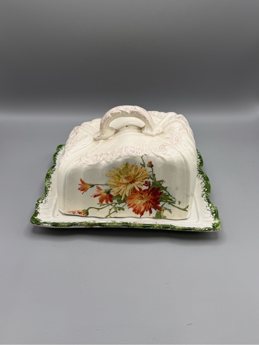 Vintage Floral Ceramic Butter/Cheese  Dish - Cream with Orange & Green
